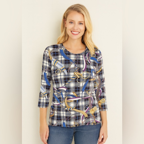 J. McLaughlin Equestrian Plaid Print Signature Tee Size Large - Picture 8 of 8